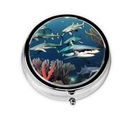 Sharks Under The sea Round Mini Pill Box, 3 Compartment Pill Box, Portable Pill Box, can be Put into Wallet, Pocket, Light and Convenient