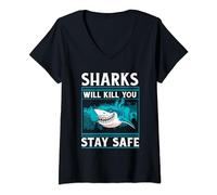 Sharks Will Kill You Stay Safe Hammerhead White Whale Shark V-Neck T-Shirt