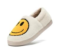 sharllen Retro Smile Face Slippers for Women Men Cute Cozy Soft Plush Slip-on Happy Face Slippers Warm Fluffy Fuzzy Winter Slippers Socks Shoes, White Yellow, 6-7 Women/5.5-6.5 Men