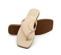 sharllen Women's Leather Flip Flops-Square Toe Arch Support Comfortable Slim Flats Sandals for Summer Beach Pool(Mirror Camel 273.8)