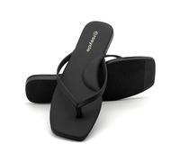 sharllen Women's Leather Flip Flops-Square Toe Arch Support Comfortable Slim Flats Sandals for Summer Beach Pool(Black 256.9)