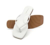 sharllen Women's Leather Flip Flops-Square Toe Arch Support Comfortable Slim Flats Sandals for Summer Beach Pool(White 252.7)
