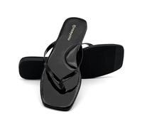 sharllen Women's Leather Flip Flops-Square Toe Arch Support Comfortable Slim Flats Sandals for Summer Beach Pool(Mirror Black 269.5)