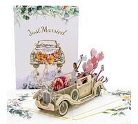 Sharonlily Vintage Wedding Car Pop Up Card, 3D Just Married Greeting Card with Bride & Groom, Romantic Anniversary Card, Engagement, Bridal Shower, Newlywed Gift for Couples