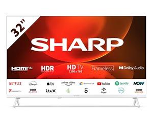 SHARP 32FH2KAW 32-Inch HD Ready Smart Frameless Android TV in White with Active Motion 400, Freeview Play, Pre-Installed Apps, 3x HDMI & 2x USB