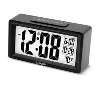 Sharp Alarm Clock with Indoor Temperature, Nightlight, Calendar, Battery Operated Digital Small Clock for Bedrooms or Travel, Black