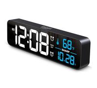 Sharp Digital Large Display Alarm Clock for Living Room Office Bedroom Date and Indoor Temperature Display, Weekend and Weekday Alarm Settings, 5-Step Dimmer Function