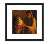 Sharp War Bonnet Native American Painting 8X8 Inch Square Wooden Framed Wall Art Print Picture with Mount Artery8 Black One Size