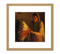 Sharp War Bonnet Native American Painting 8X8 Inch Square Wooden Framed Wall Art Print Picture with Mount Artery8 Light Oak One Size