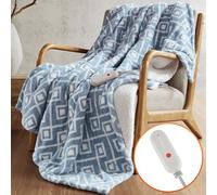 Sharper Image Heated Blanket, Eletric Throw Blanket, Soft, Warm, Reversible Feathersoft - Sherpa Heating Blanket Throw, 5 Lv Heating, 3 hr Auto Shut Off, ETL-Cert, Machine Washable, 50x60 Blue Geo