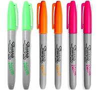 Sharpie 6 x Neon Permanent Marker Pens, Fine Point Tip, Assorted Fluorescent Colours - Marks on Almost Any Surface - Loose in Plain Packaging