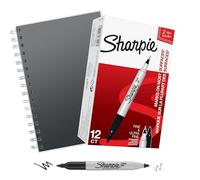 SHARPIE Twin Tip Permanent Marker | Fine & Ultra Fine | Black | Pack of 12 Market Set + Notebook