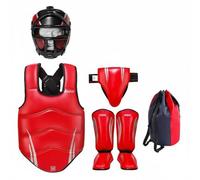 Sharplace 5 Pieces Training Gear Karate Taekwondo Protector Set Training Kit With Head Gear Chest Protector Hip Protector Shin Guards Pu Leather Eva Foam Dense , Red , L