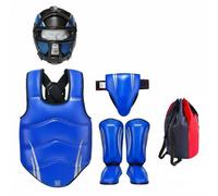 Sharplace 5 Pieces Training Gear Karate Taekwondo Protector Set Training Kit With Head Gear Chest Protector Hip Protector Shin Guards Pu Leather Eva Foam Dense , Blue Five-Piece Set + Mask , M