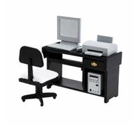 Sharplace Dollhouse Computer Workstation Wooden Miniature Computer Workstation with Printer 1:12 Scale Miniature Office Desk and Chair Set, Black