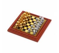 Sharplace Miniature Game Board Dollhouse Chess Table Set With Board Pieces Pedestal Base Metal Texture compact scale fits small layouts decorative checked top