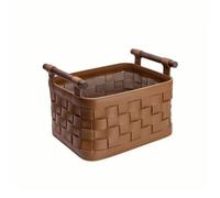 Sharplace Standing Coat Rack Storage Basket Bin Organizer Container Woven Saddle Leather Wood Frame With Built In Handles Suitable for sofa side storage shelf, Brown, 33 26 19 Cm