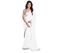 Sharvgun Chiffon Saree for Women White Plain Solid Silver Borders Indian Bollywood Saree (Sari) with Unstitched Blouse Piece