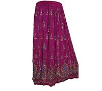 Sharvgun Indian Skirt Long with Sequins Embroidered Design Drawstring Fashions Tie Dye Pink