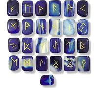 Sharvgun Rune Crystal Rune Stones Set Elder Futhark Viking Gemstone Reiki Healing Golden Engraved Runes Alphabets (Rectangle, Blue Onyx)