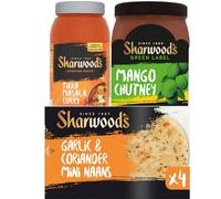 Sharwood's Curry Night Bundle: 2.25 kg Tikka Masala Curry Sauce, 2.6 kg Green Label Mango Chutney & 32 Garlic & Coriander Mini Naans