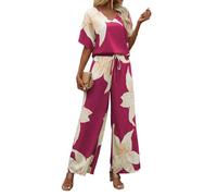Shasmi Co-Ods 189 Women's Blouse Viscose Casual Elegant Floral Batwing Sleeve V Neck Loose Pants 2pcs/Set Spring Outfits (Co-Ods 189), Pink and Cream, S