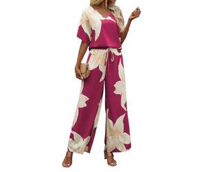 Shasmi Co-Ods 189 Women's Blouse Viscose Casual Elegant Floral Batwing Sleeve V Neck Loose Pants 2pcs/Set Spring Outfits (Co-Ods 189), Pink and Cream, S
