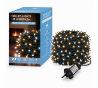 Shatchi 100 Led Warm & Cool White Christmas String Lights, 10M, 8 Modes, Timer, Indoor/outdoor, Green Cable