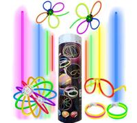 SHATCHI 100Pcs Glow Fun Pack-204Pcs Glowin Dark Sticks, Connectors for Bracelets and Necklaces Balls Flowers Rave Accessories Halloween Party Bag Fillers Disco Props, Multi Colour