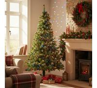 Shatchi 10Ft Pre-Lit Artificial Christmas Green Tree Alaskan Pine Tips Xmas Home Decorations Metal Stand Warm Multicolour Leds