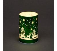 SHATCHI 13cm Christmas Decorated Vase Table Lamp Etched Glass Tube Forest Scene Green Cylinder LED Fairy Lights Battery Operated