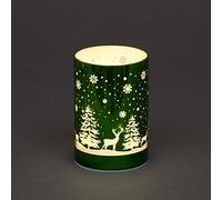 SHATCHI 13cm Christmas Decorated Vase Table Lamp Etched Glass Tube Forest Scene Green Cylinder LED Fairy Lights Battery Operated