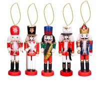 SHATCHI 13cm Wooden Christmas Nutcrackers 5pcs Set - Soldiers King Puppet Moving Parts Figurines Christmas Tree Hanging Decoration Ornaments