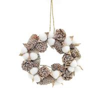 Shatchi 15527 22cm Handmade Christmas Wreath Made with Real Cotton Balls, Pine Cones Vintage Xmas Home Décor Door Decorations, Green
