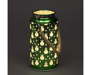 SHATCHI 20cm Christmas Decorated Jar Table Lamp Etched Glass Tube Baubles Design Green Lantern LED Fairy Lights Battery Operated