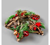 22cm Star Tealight Votive Candle Holder - Wooden Twigs Base Decorated with Red Baubles,Berries,Stars,Foliage,Pine Cones - Christmas Home Table Decoration