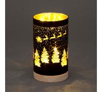 SHATCHI 23cm Christmas Decorated Vase Table Lamp Etched Glass Tube Santa Sleigh Scene Black Cylinder LED Fairy Lights Battery Operated