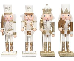 SHATCHI 25cm Gold/White Wooden Christmas Nutcrackers - 4pcs Set - Soldiers King Drummer Puppet Figurines Home Decoration Ornament