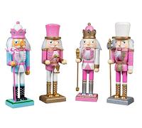 SHATCHI 25cm Pink Wooden Christmas Nutcrackers - 4pcs Set - Soldiers King Drummer Puppet Figurines Home Decoration Ornament