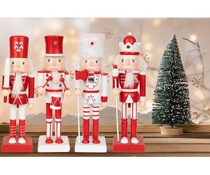 SHATCHI 25cm Red/White Wooden Christmas Nutcrackers - 4pcs Set - Soldiers King Drummer Puppet Figurines Home Decoration Ornament