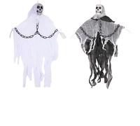 SHATCHI 2Pcs-90cm Skeleton in Chain Scary Poseable Hands Flying Ghost Skull Halloween Hanging Decoration Grim Reaper Haunted House Prop Spooky, Polyester, Black & White, 3Ft