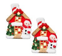 SHATCHI 2Pcs Snowman Christmas Ceramic Houses Village Scene LED Light Up Battery Operated Xmas Home Table Decoration-W13cm, Resin, Red, W13cm x D8cm x H15.6cm