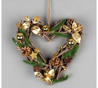 30cm Prelit Heart Wreath Battery Operated - Wooden Twigs Base Decorated with Golden Baubles,Berries,Leaves,Stars,Foliage,Pine Cones, Micro Rice LED Lights - Christmas Home Hanging Decoration