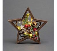 SHATCHI 32cm LED Pre-Lit Decorated with Leaves Pine Cones Berries 3D Nordic Christmas Scene Star Shape Wooden Frame Tabletop Decorations Xmas Ornament Gifts, Brown