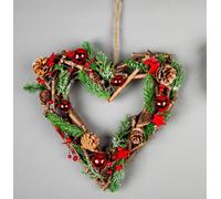 SHATCHI Prelit Battery Operated Christmas Home Hanging Wooden Twigs Base Decorated Baubles,Berries, Foliage,Pine Cones, Micro Rice LED Lights, Wood, Red Stars, Heart-35cm