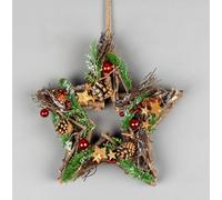 SHATCHI 35cm Prelit Star Wreath Battery Operated - Wooden Twigs Base Decorated with Red Baubles,Berries,Stars,Foliage,Pine Cones, Micro Rice LED Lights - Christmas Home Hanging Decoration