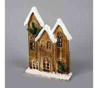 SHATCHI 35cm Battery Powered Warm White LEDs Wooden House Snow Covered Cottage Village Indoor Christmas Decorations, Wood, Brown