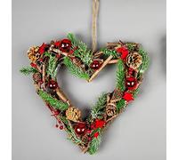 SHATCHI Prelit Battery Operated Christmas Home Hanging Wooden Twigs Base Decorated Baubles,Berries, Foliage,Pine Cones, Micro Rice LED Lights, Wood, Red Stars, Heart-35cm