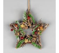 SHATCHI 35cm Prelit Star Wreath Battery Operated - Wooden Twigs Base Decorated with Red Baubles,Berries,Stars,Foliage,Pine Cones, Micro Rice LED Lights - Christmas Home Hanging Decoration