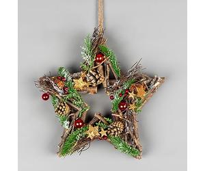 SHATCHI 35cm Prelit Star Wreath Battery Operated - Wooden Twigs Base Decorated with Red Baubles,Berries,Stars,Foliage,Pine Cones, Micro Rice LED Lights - Christmas Home Hanging Decoration
